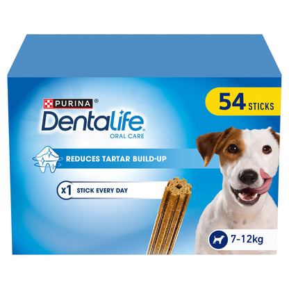Purina Dentalife Oral Care dog chew sticks packaging box, 54 sticks, for 7-12kg dogs, featuring a blue box with a dog and a stick illustration.