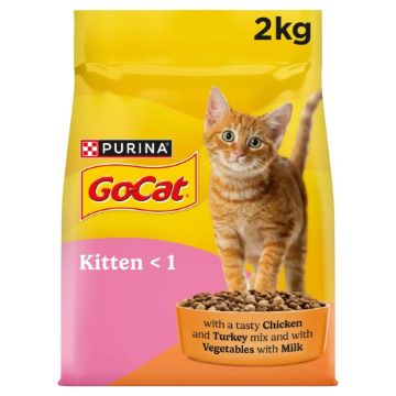 A 2kg bag of Purina GoCat Kitten < 1 cat food, featuring a yellow and pink bag with an orange tabby kitten standing on it.