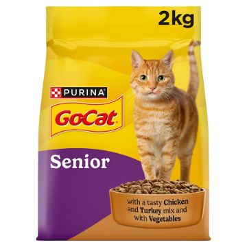 Purina GoCat Senior cat food package with a cat on a yellow background