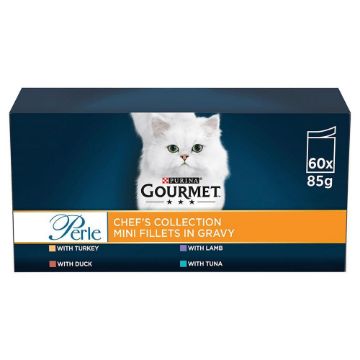 Gourmet Perle cat food packaging with a white cat on a blue background