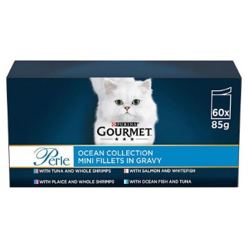 Gourmet Perle cat food packaging with a white cat on a blue background