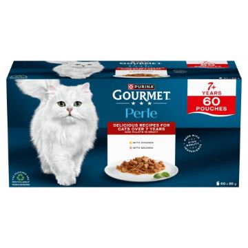 Gourmet Perle cat food packaging for cats over 7 years old on a white background