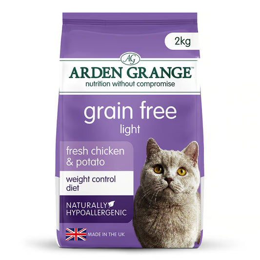 Arden Grange grain-free light cat food package with a purple background
