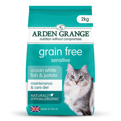 A 2kg bag of Arden Grange Grain Free Sensitive cat food, Ocean White fish & potato. The packaging is teal and white with a picture of a grey and white cat on the front, set against a clean white background.