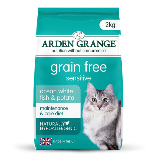 A 2kg bag of Arden Grange Grain Free Sensitive cat food, Ocean White fish & potato. The packaging is teal and white with a picture of a grey and white cat on the front, set against a clean white background.
