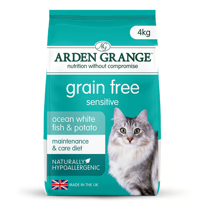 Arden Grange grain-free cat food package with a cat on the label