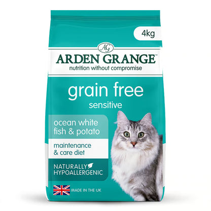 Arden Grange grain-free cat food package with a cat on the label