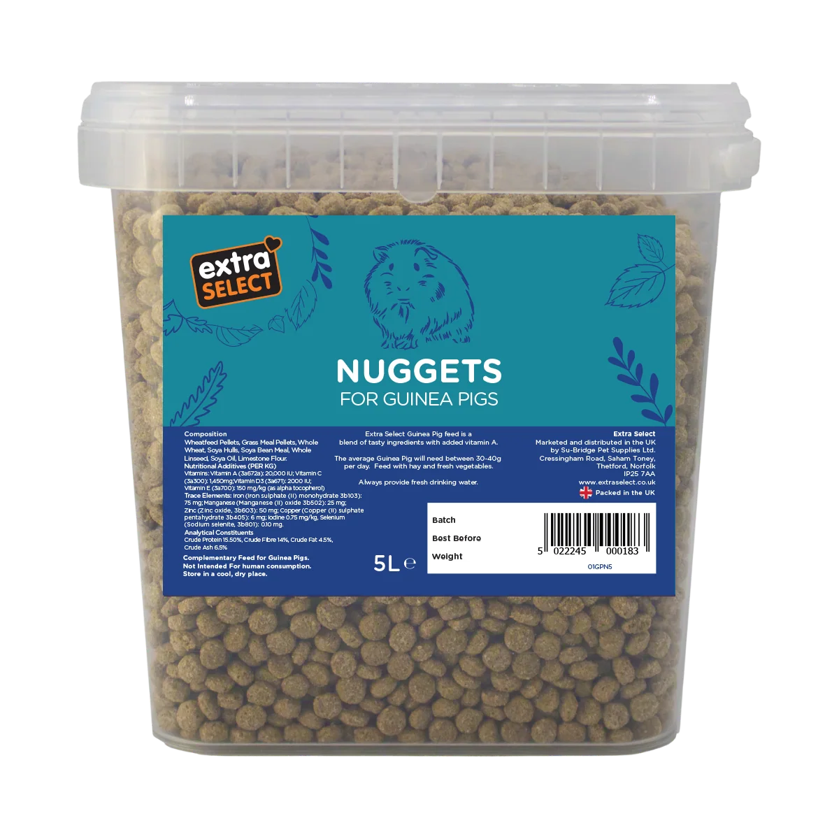 A 5L clear plastic tub of Extra Select Nuggets for Guinea Pigs, filled with brown kibble, featuring a teal and blue label.