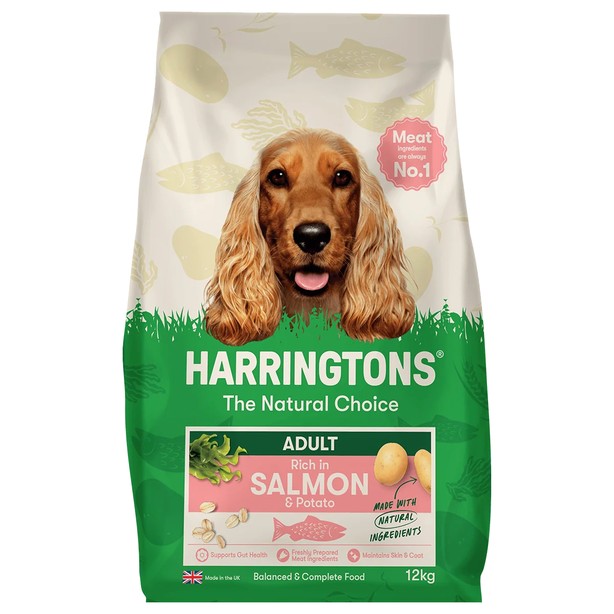 A 12kg bag of Harringtons Adult Rich in Salmon & Potato dog food, featuring a brown Cocker Spaniel on the front, set against a plain white background.
