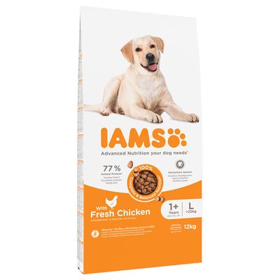 A bag of IAMS Vitality Adult Large Dog Food with an image of a golden retriever on the packaging.