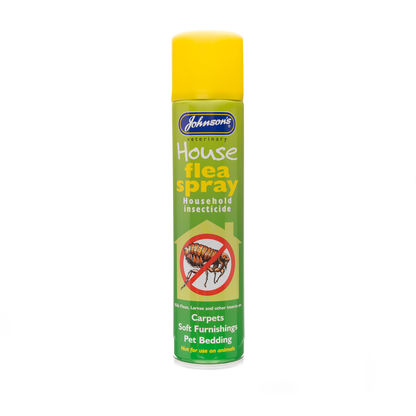 A yellow aerosol can of Johnson's Veterinary House Flea Spray with a picture of a flea and text detailing the uses and restrictions on animal contact.