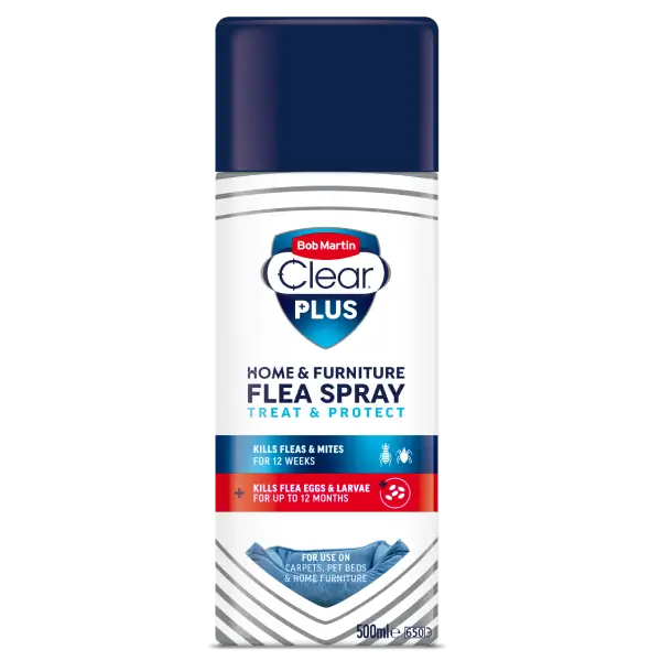 A can of Bob Martin Clear Plus Home & Furniture Flea Spray, featuring a white and navy blue label with a dark navy cap, shown on a plain white background.