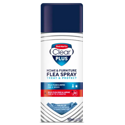 A can of Bob Martin Clear Plus Home & Furniture Flea Spray, featuring a white and navy blue label with a dark navy cap, shown on a plain white background.