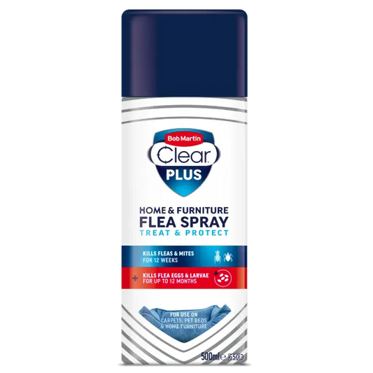 A can of Bob Martin Clear Plus Home & Furniture Flea Spray, featuring a white and navy blue label with a dark navy cap, shown on a plain white background.