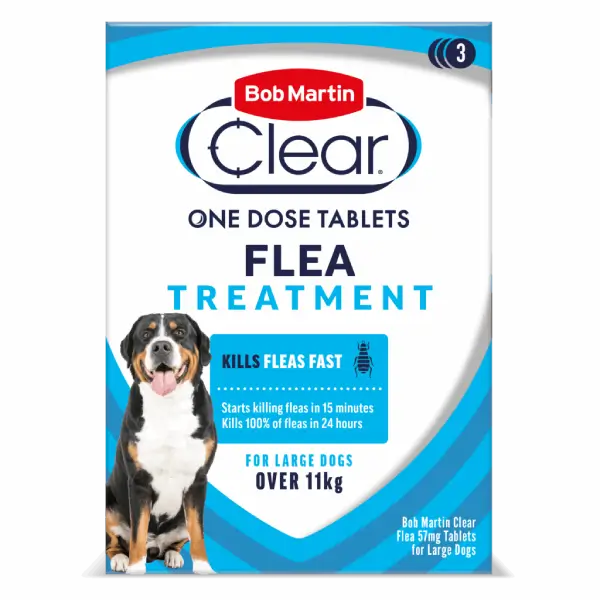 Bob Martin Clear Flea Treatment for large dogs over 11kg, shown in a white and blue package with a Bernese Mountain Dog illustration.