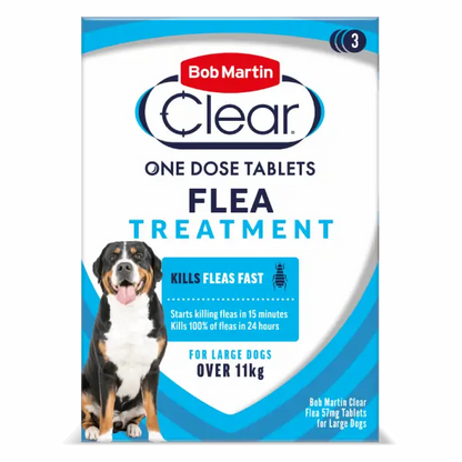 Bob Martin Clear Flea Treatment for large dogs over 11kg, shown in a white and blue package with a Bernese Mountain Dog illustration.
