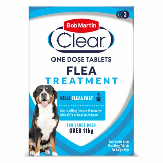 Bob Martin Clear Flea Treatment for large dogs over 11kg, shown in a white and blue package with a Bernese Mountain Dog illustration.