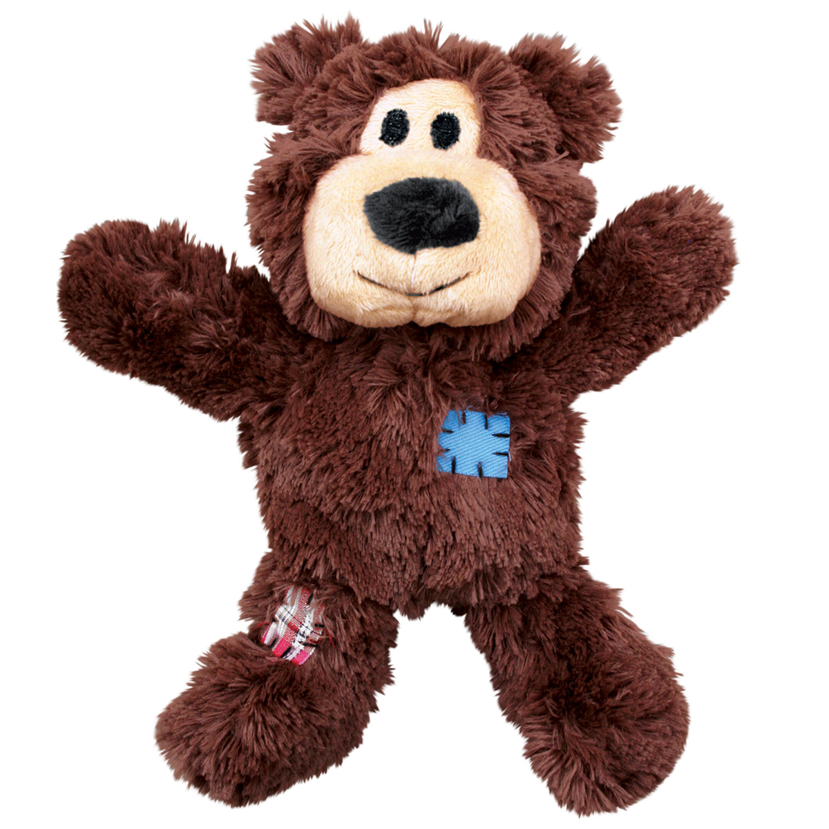 A brown plush dog toy shaped like a bear with a knotted rope skeleton, designed for durability and play.