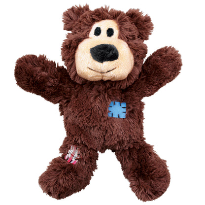 A brown plush dog toy shaped like a bear with a knotted rope skeleton, designed for durability and play.