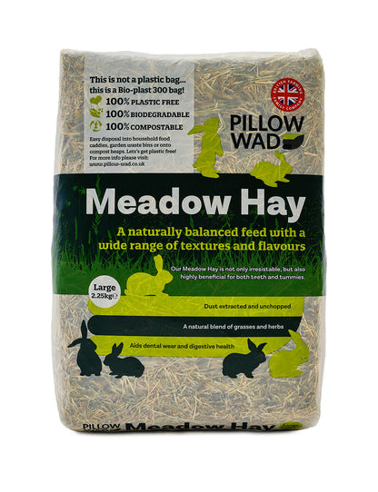 A bale of Pillow Wad Large Bale Meadow Hay in a packaged bag with branding and product information displayed.