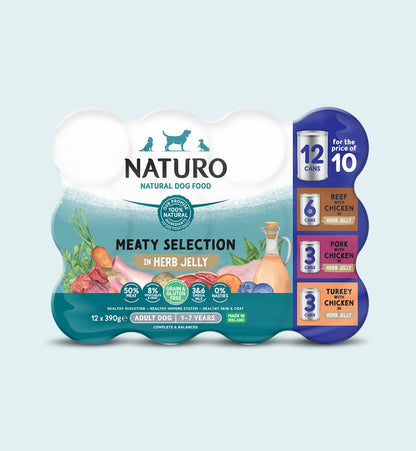 Packaging for Naturo Adult Dog Cans Meaty Selection in Herb Jelly. The packaging displays various flavors such as Beef with Chicken, Pork with Chicken, and Turkey with Chicken.