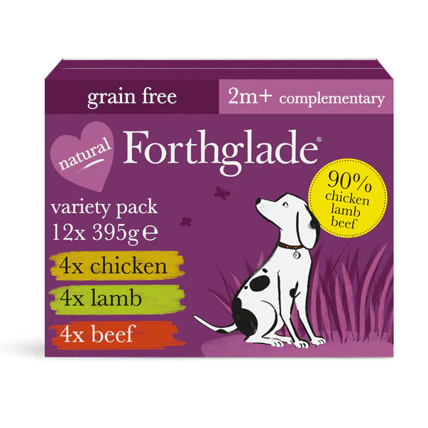 Forthglade Just 90% Multicase Grain Free 12 x 395g 4Xchicken 4Xlamb 4Xbeef