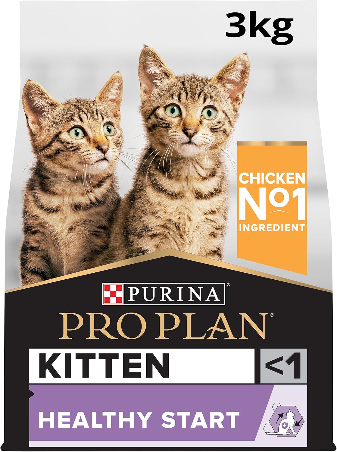 Purina Pro Plan Kitten Healthy Start chicken food bag, 3kg. The packaging features two young tabby kittens on a light gray background, with a black and gold logo section at the bottom and a purple 'Healthy Start' banner.