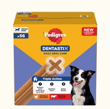 Pedigree Dentastix Daily Oral Care chew box for medium dogs, featuring a yellow and blue package design with a dog illustration and product details.