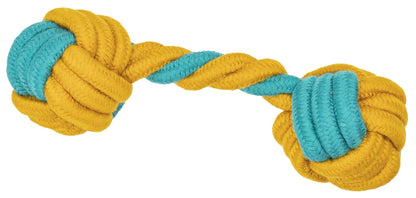 A yellow and blue recycled rope dumbbell dog toy.
