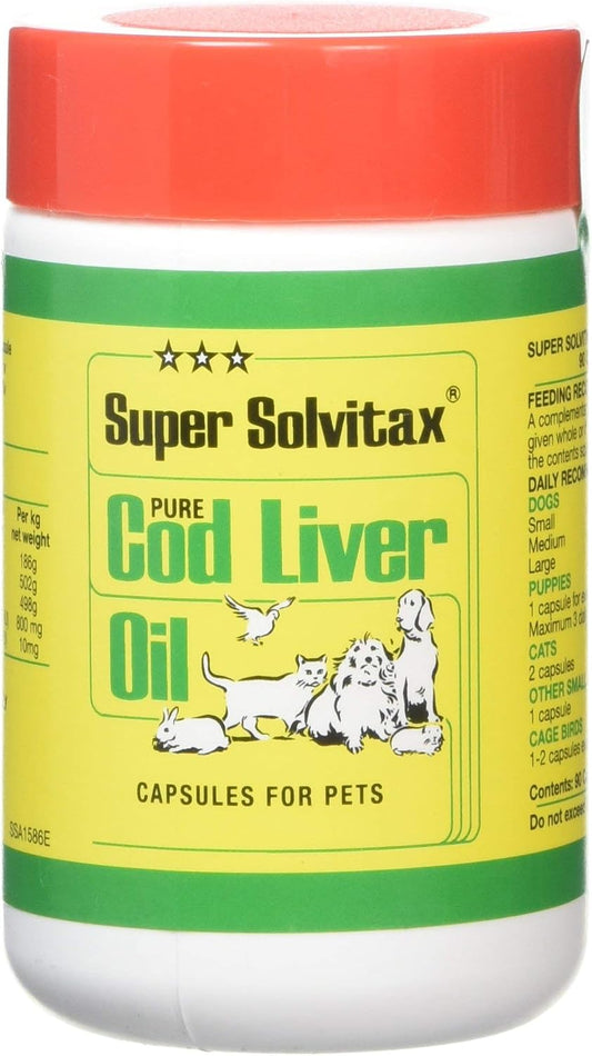 Super Solvitax Pure Cod Liver Oil capsules for pets in a white plastic bottle with a green and yellow label and a red cap.