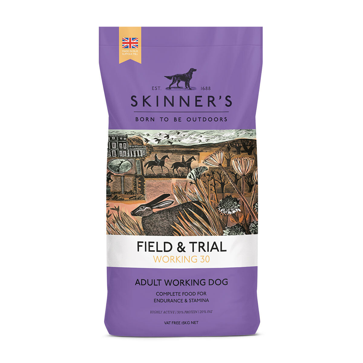 A bag of Skinner's Field & Trial Working 30 dog food with a purple and orange label, featuring an illustration of a dog and landscape.