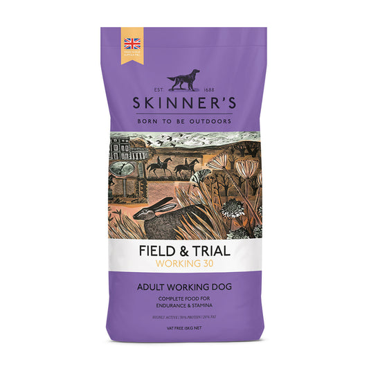 A bag of Skinner's Field & Trial Working 30 dog food with a purple and orange label, featuring an illustration of a dog and landscape.