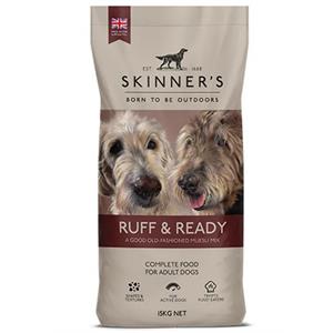 A 15kg bag of Skinner's Ruff & Ready dog food for adult dogs, featuring a beige bag with a photo of two dogs on the front.