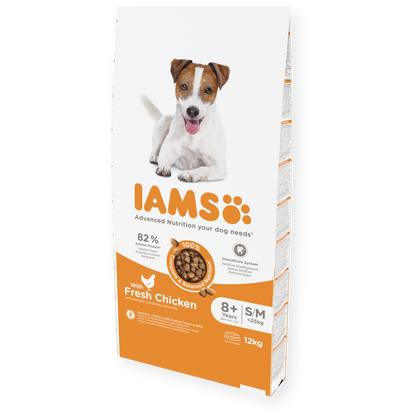 A bag of IAMS Vitality Senior 8+ Small & Medium Dog Fresh Chicken dog food. The packaging is predominantly white and orange, with a picture of a small, white and beige dog on the front.