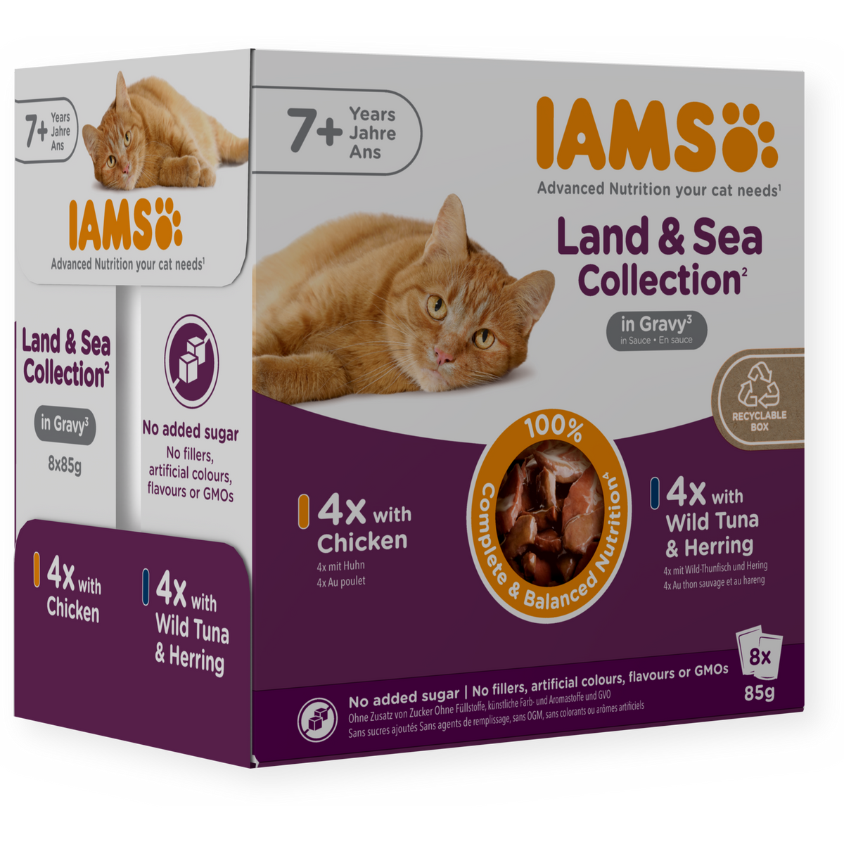 A box of IAMS Land & Sea Collection cat food, 8-pack, featuring orange and white packaging with images of an orange tabby cat and product details for chicken and wild tuna & herring flavors.