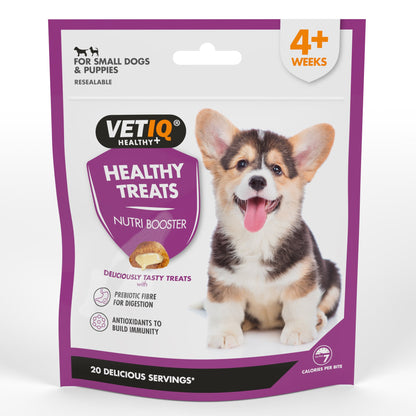 A package of VETIQ Healthy Treats Nutri Booster for puppies, featuring an image of a corgi on the front.