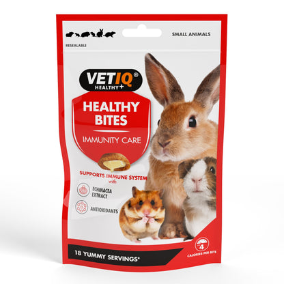 A package of VetIQ Healthy Bites Immunity Care Small Animal treats featuring images of a rabbit and a hamster on the front.