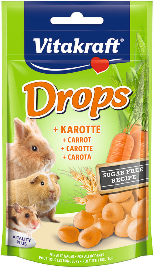 Packaging of Vitakraft Small Animal Carrot Drops featuring images of a hamster and a rabbit with visual emphasis on the carrot pieces in the product.