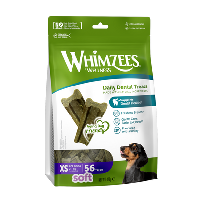 A package of Whimzees Soft X-Small dental chews for dogs, featuring the product name and an image of a dog with a chew.
