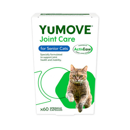 Packaging of YuMOVE Joint Care for Senior Cats, featuring 60 sprinkle capsules. The box is green and white with an image of a senior cat on the front.