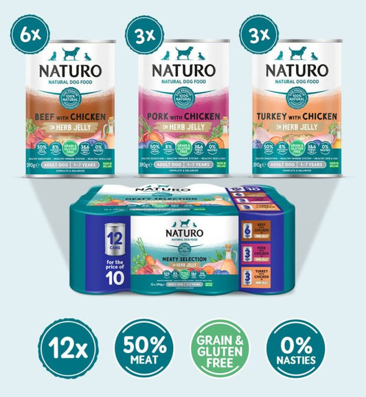 Naturo Adult Dog Cans Meaty Selection in Herb Jelly 12 x 390g