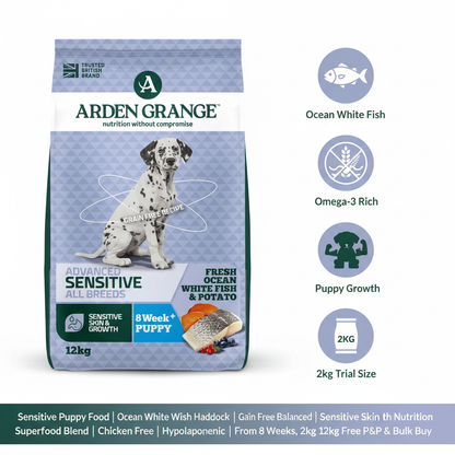 Arden Grange Sensitive Puppy/Junior Grain Free Ocean White Fish & Potato Infographic
