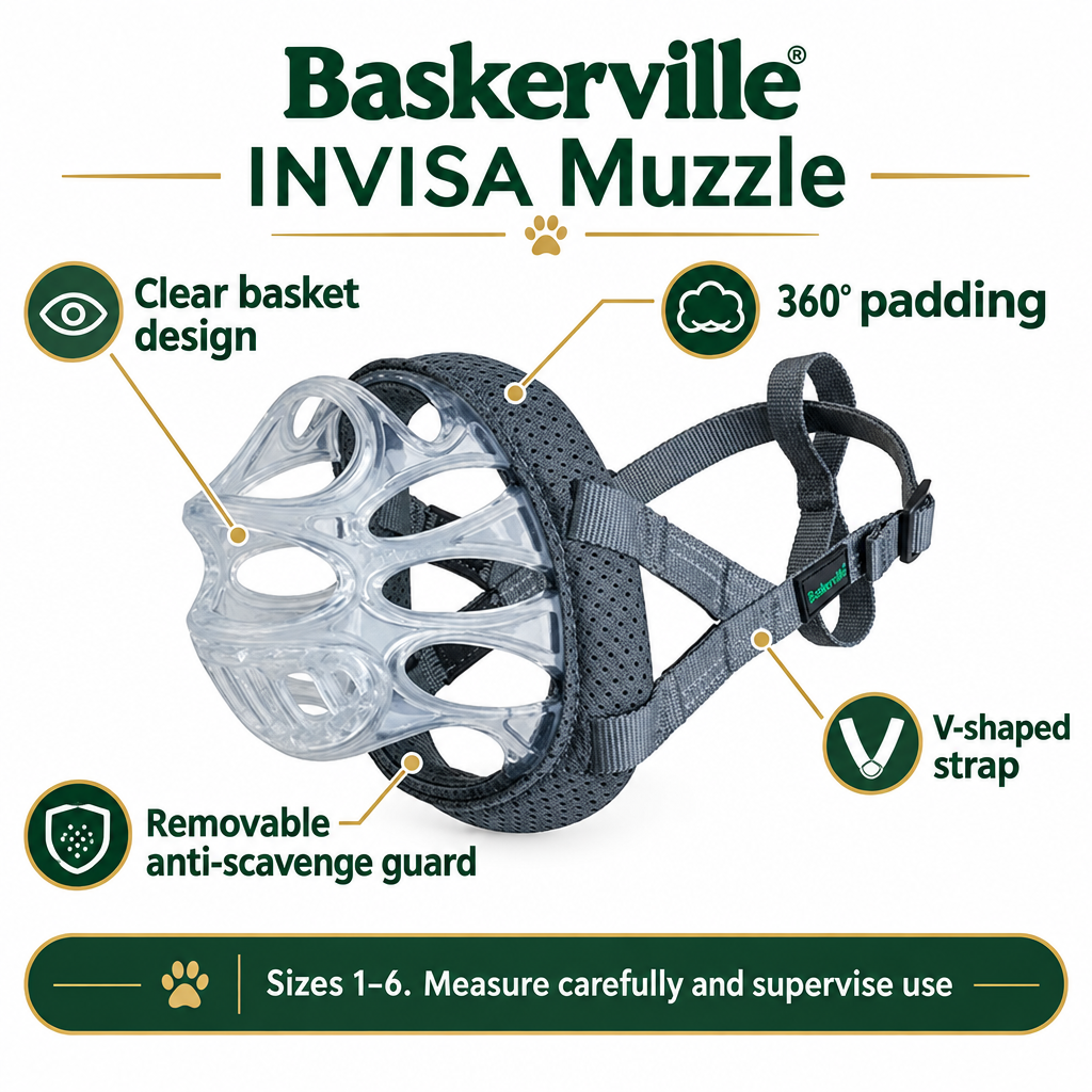 Baskerville INVISA Basket Dog Muzzle infographic