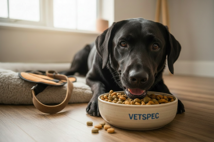 Black Labrador eating from Vetspec branded bowl