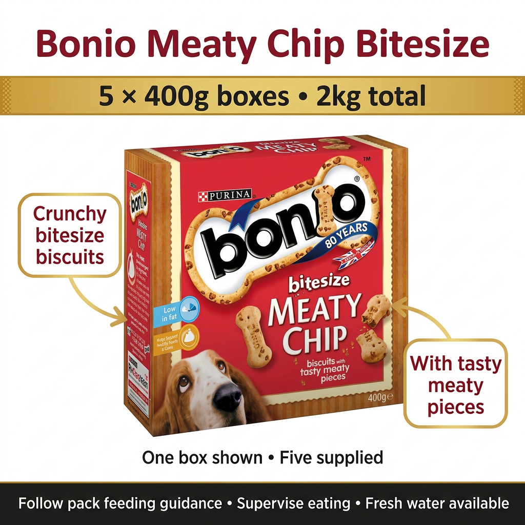 Bonio Meaty Chip five-box infographic
