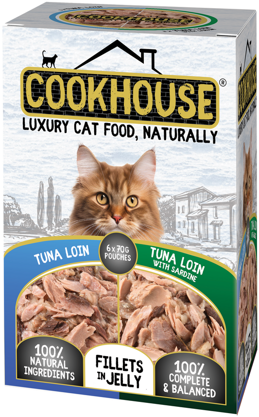 COOKHOUSE 100% Natural & Complete Luxury Wet Cat Food - 36 x 70g Pouches - Tuna Loin/Tuna Loin with Sardine - Fillets in Jelly