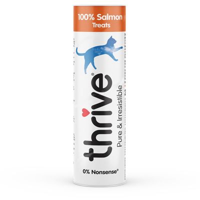 A tube of Thrive freeze-dried cat treats with 100% Salmon Treats text and a silhouette of a cat on the front.