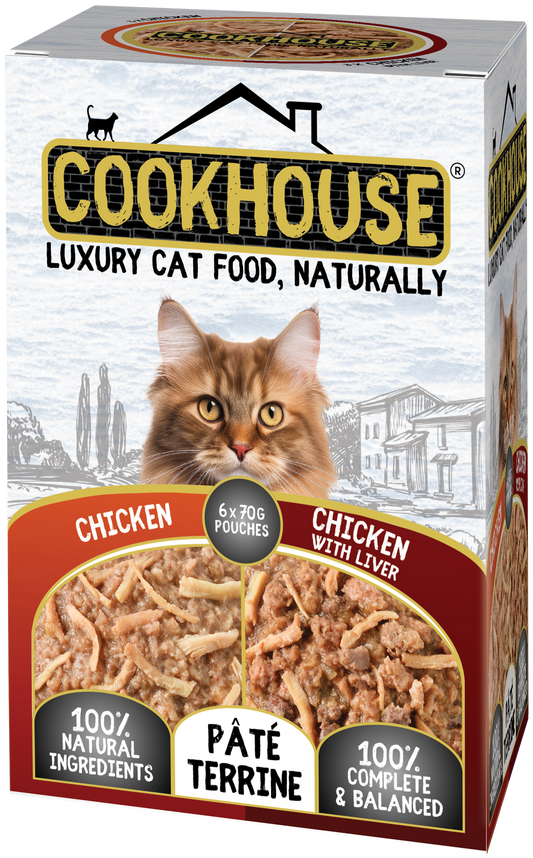 COOKHOUSE 100% Natural & Complete Luxury Wet Cat Food - 36 x 70g Pouches - Chicken / Chicken with Liver Pate Terrine