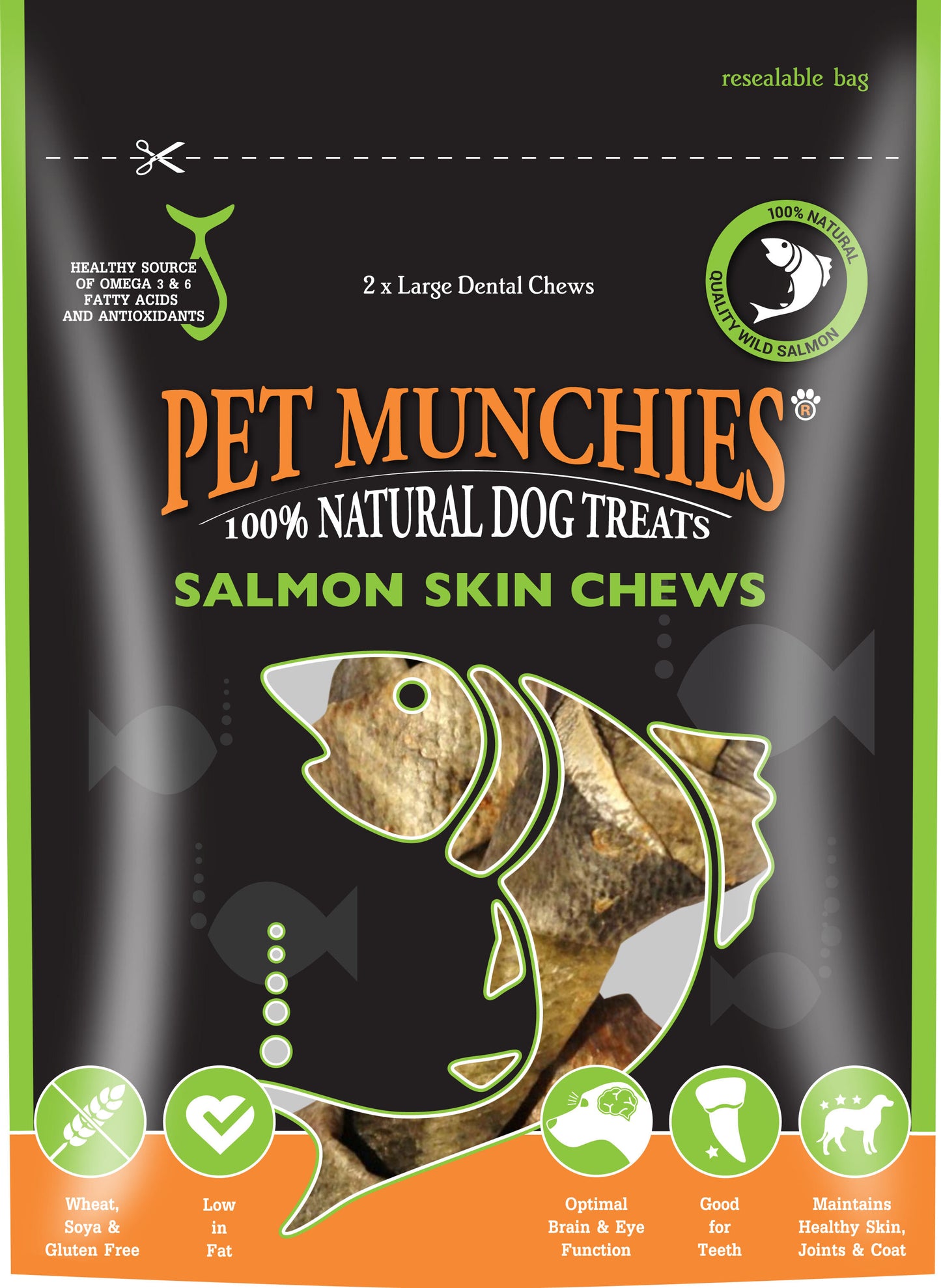 Pet Munchies Dog Treats Large Salmon Skin Chews 125g