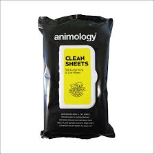 Animology Clean Sheets wet wipes in a black resealable pouch with a yellow label, shown on a plain white background.